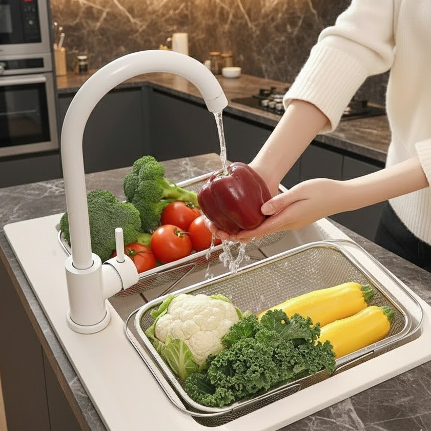 Elvanius® Extendable Over-the-Sink Stainless Steel Colander & Dish Drainer