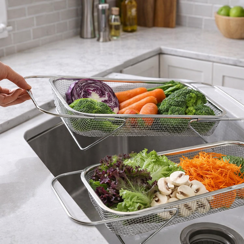 Elvanius® Extendable Over-the-Sink Stainless Steel Colander & Dish Drainer